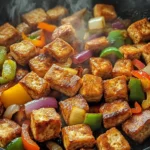 tofu before cooking: Crispy tofu cubes stir-fried with vegetables in a hot pan