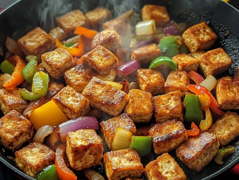 tofu before cooking: Crispy tofu cubes stir-fried with vegetables in a hot pan