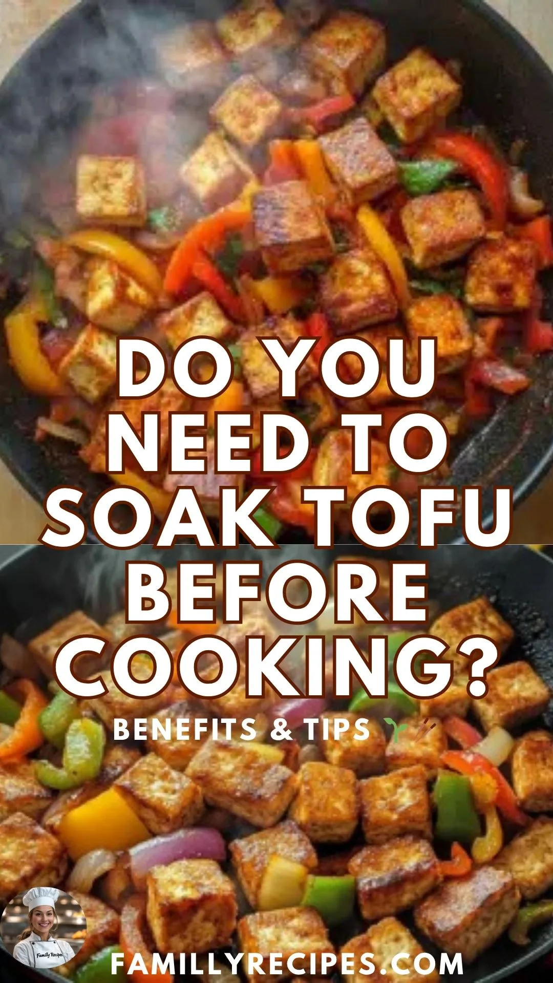 Close-up of tofu cubes soaking in water with soybeans and chopsticks on a wooden table, surrounded by ingredients for cooking tofu.