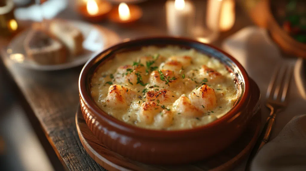 Creamy seafood sauce with shrimp and herbs served in a ceramic bowl.