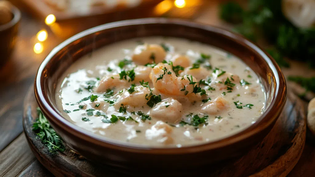 A ceramic dish filled with creamy baked seafood sauce, featuring golden-browned shrimp and herbs, placed on a rustic wooden table with a warm, candlelit ambiance.