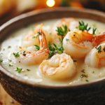 Creamy seafood sauce with shrimp and herbs served in a ceramic bowl.