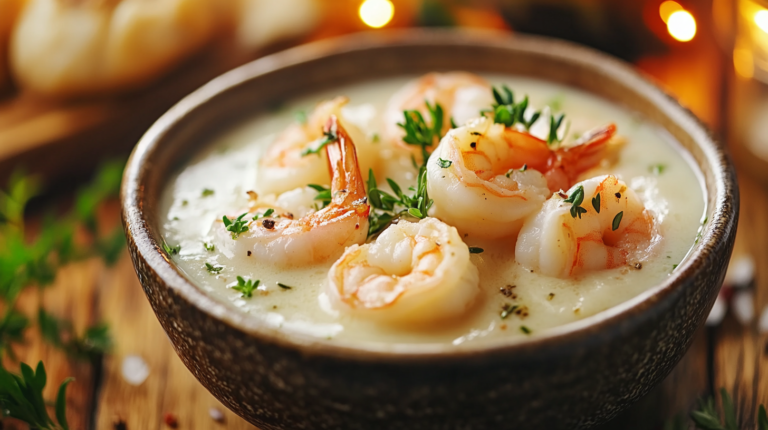 Creamy seafood sauce with shrimp and herbs served in a ceramic bowl.