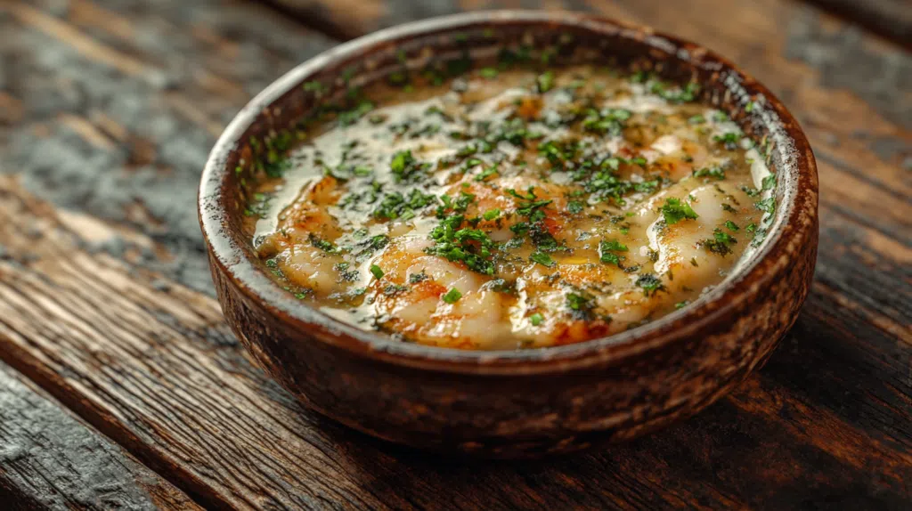 A bowl of thickened creamy garlic butter seafood sauce served with shrimp, scallops, and fresh herbs.