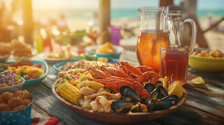 What Goes with a Seafood Boil – A vibrant seafood boil feast featuring crab, shrimp, mussels, corn on the cob, and lemons, served with classic sides.