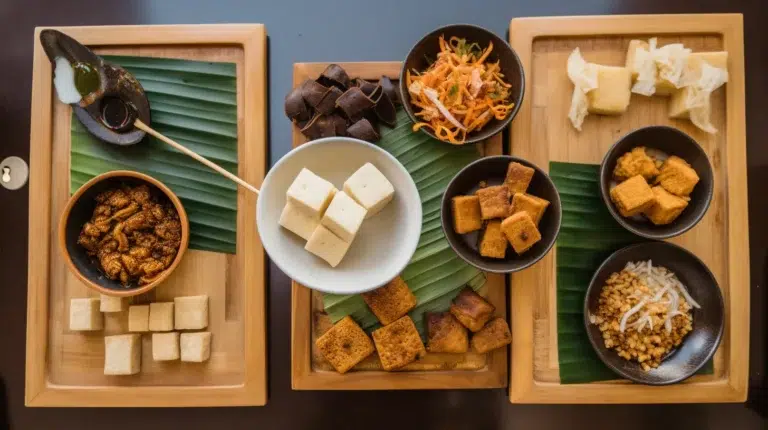 A top-down view of tofu and tauhu on a wooden table, showing different textures and preparations in an Asian culinary setting.