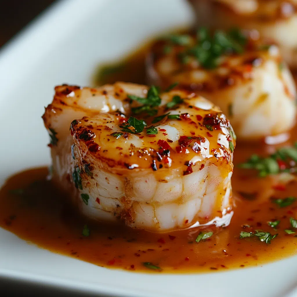Grilled scallop served in a rich seafood sauce, garnished with fresh herbs and chili flakes, on a white plate.