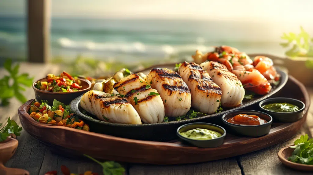 Top 10 Sauces for Seafood: A beautifully arranged seafood platter featuring grilled scallops, shrimp, and vibrant sauces including chimichurri, salsa verde, and aioli.