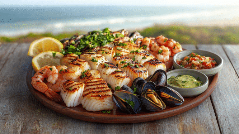 Top 10 Sauces for Seafood: A beautifully arranged seafood platter featuring grilled scallops, shrimp, mussels, and fresh herbs, served with salsa verde and lemon wedges