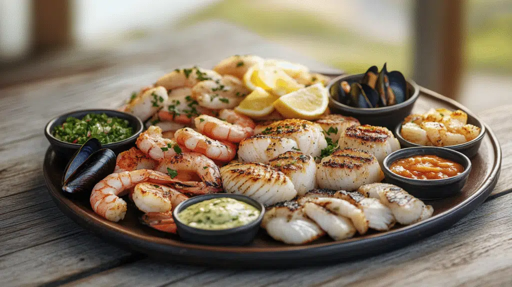 A beautifully arranged seafood platter featuring grilled scallops, shrimp, mussels, and a variety of flavorful sauces, served with lemon wedges.