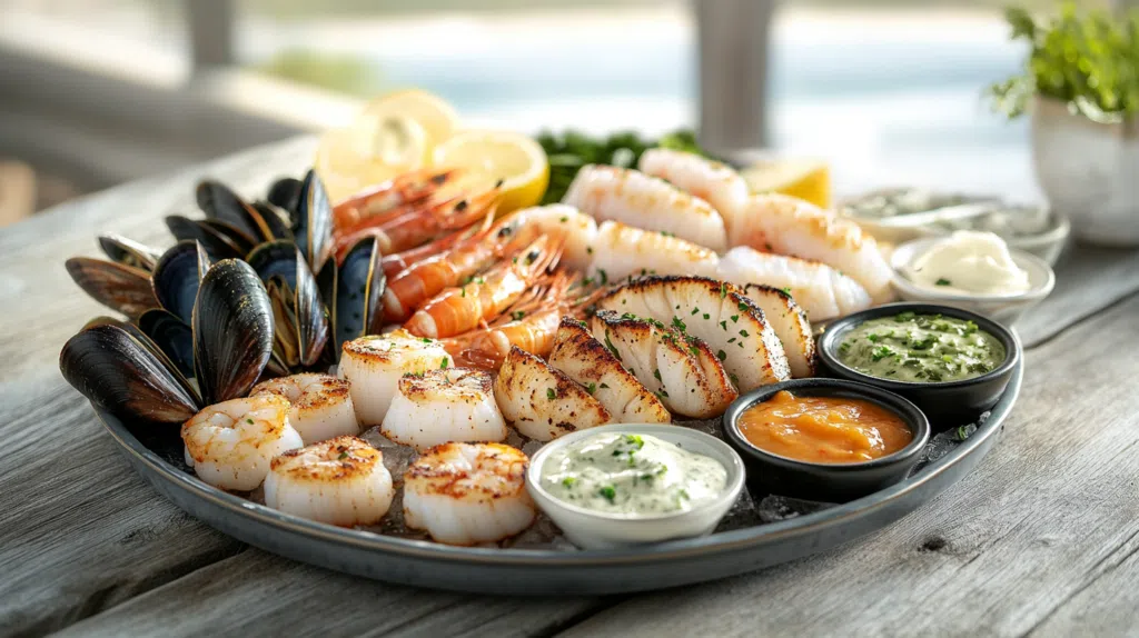 A beautifully arranged seafood platter with grilled scallops, shrimp, mussels, and flavorful sauces, garnished with fresh herbs and served with lemon wedges.