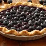 Homemade blueberry pie with a golden, flaky crust and a glossy blueberry filling topped with whole fresh blueberries, placed on a rustic wooden table.