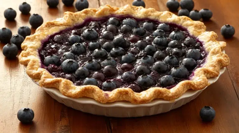 Homemade blueberry pie with a golden, flaky crust and a glossy blueberry filling topped with whole fresh blueberries, placed on a rustic wooden table.