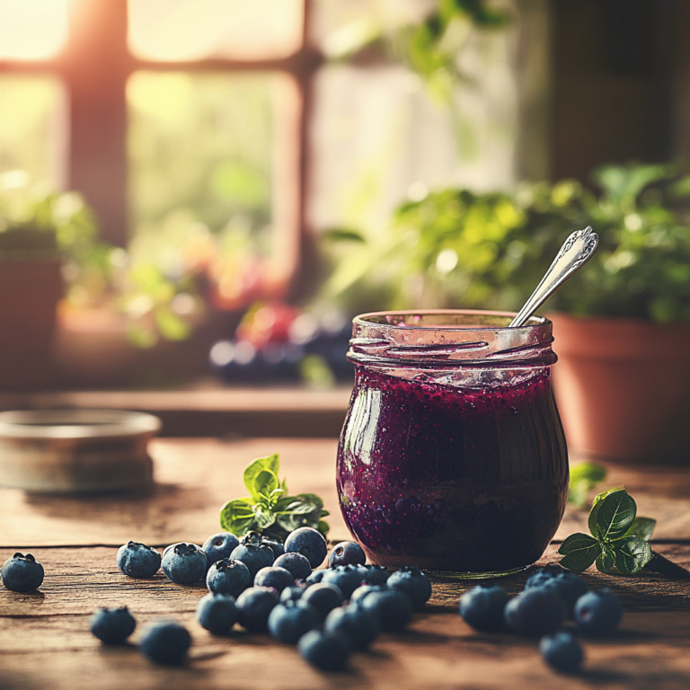How long can you keep homemade blueberry compote? A jar of fresh homemade blueberry compote with whole blueberries, placed on a rustic wooden table.