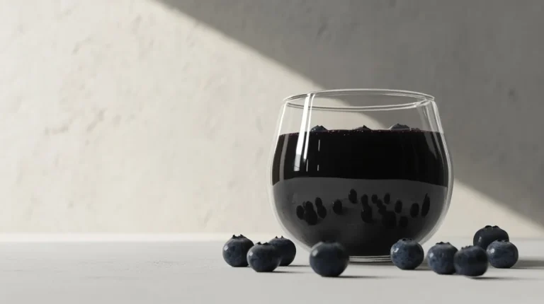 A minimalist glass bowl filled with glossy blueberry compote, surrounded by fresh blueberries on a clean white surface.