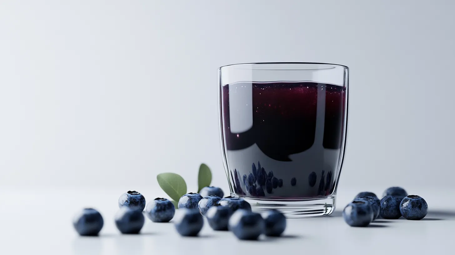 A glass of rich blueberry compote surrounded by fresh blueberries and a small green leaf on a minimalist white surface.