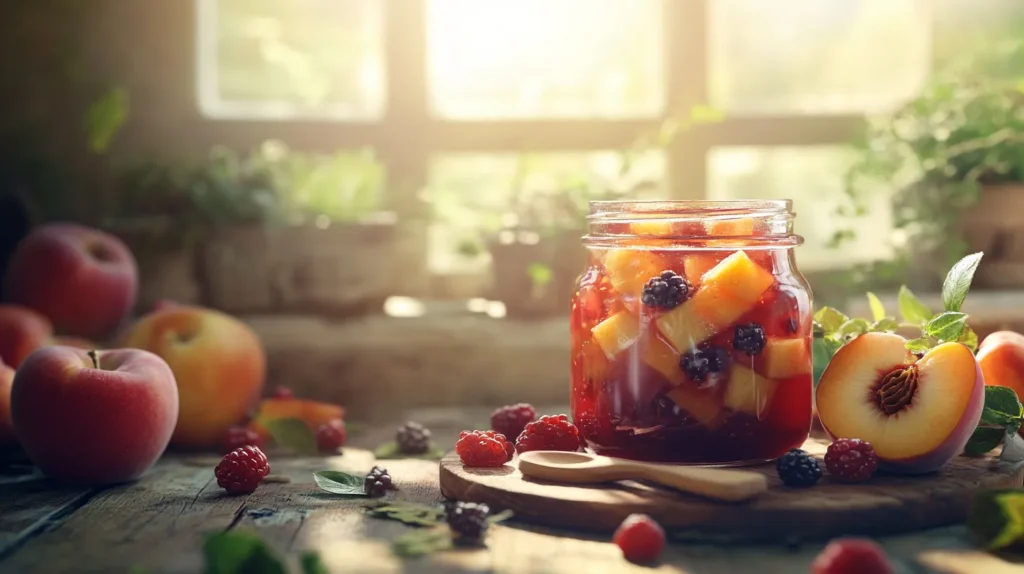 What Makes a Compote - A jar of fruit compote with peaches and berries on a rustic table