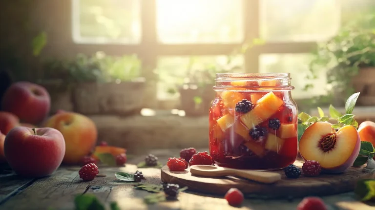 What Makes a Compote - A jar of fruit compote with peaches and berries on a rustic table