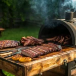 Smoker recipes for BBQ favorites – sliced brisket, ribs, and smoked meats on a rustic outdoor smoker with rising smoke in a backyard setting
