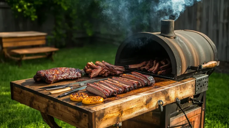 Smoker recipes for BBQ favorites – sliced brisket, ribs, and smoked meats on a rustic outdoor smoker with rising smoke in a backyard setting