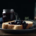 A slice of soft white bread with homemade blueberry jam, topped with fresh blueberries, served on a plate with a jar of jam in the background.