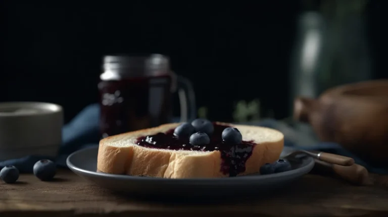 A slice of soft white bread with homemade blueberry jam, topped with fresh blueberries, served on a plate with a jar of jam in the background.