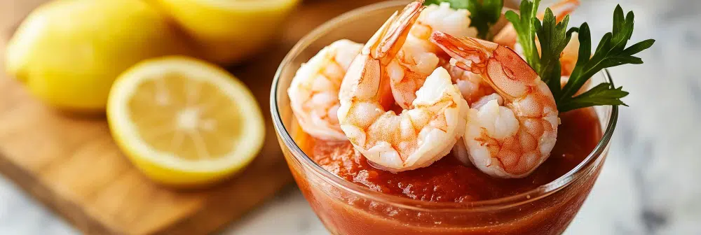 "Seafood boil sauce recipe featuring shrimp served with tangy cocktail sauce and garnished with parsley and lemon slices."