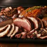 Beginner Smoker Meat Guide - Smoked meats including pork shoulder, chicken, and brisket with flavorful wood chips and rising smoke.