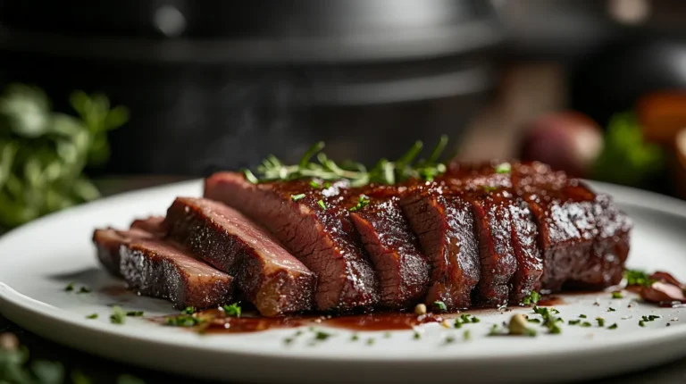 "Best Meat to Smoke - Juicy, perfectly smoked beef brisket sliced on a plate, garnished with fresh herbs and sauce."