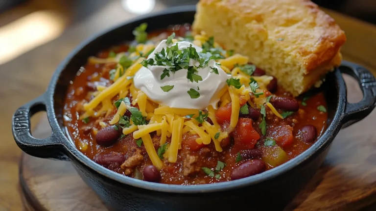 Venison Chili Recipe: A hearty bowl of venison chili with tender venison, kidney beans, and a rich tomato base, topped with shredded cheese and sour cream, served with cornbread.