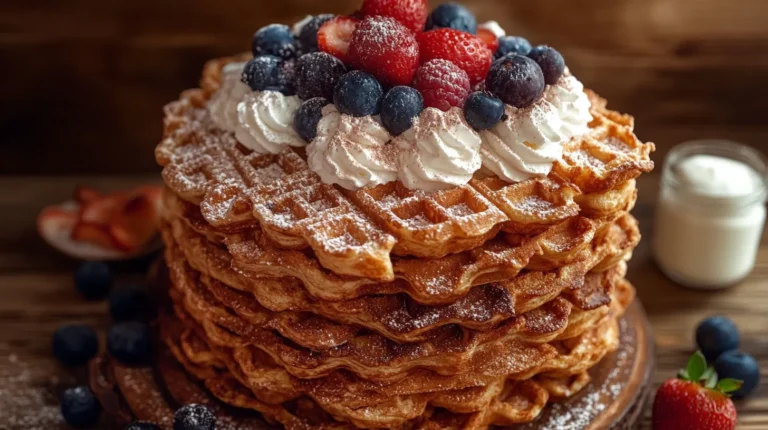 A delicious stack of waffles featuring the best waffle flavors, including chocolate, vanilla, and berry, topped with fresh fruits and maple syrup.