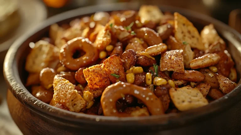 A close-up of a spicy Chex Mix Recipe Oven, featuring crispy pretzels, seasoned nuts, bagel chips, and corn kernels, coated in a bold, zesty seasoning blend and served in a rustic wooden bowl.