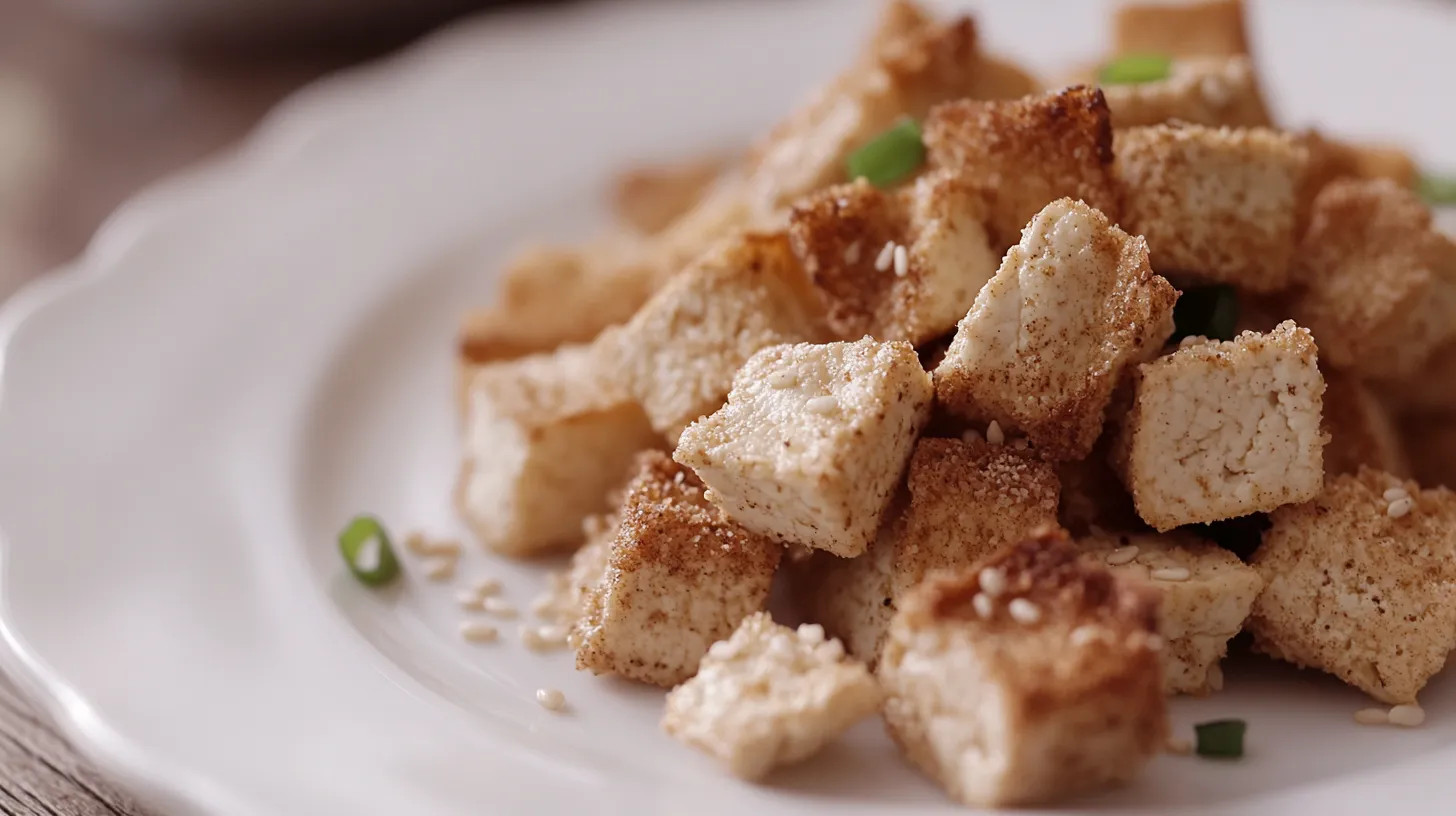 Crispy baked tofu cubes garnished with sesame seeds and green onions.
