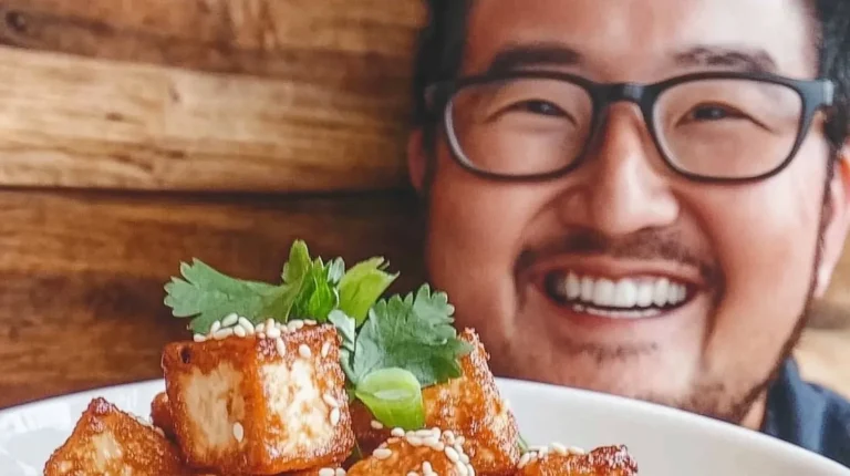Best Ways to Cook Tofu: Smiling person holding a plate of crispy, golden-brown tofu garnished with sesame seeds and fresh cilantro.