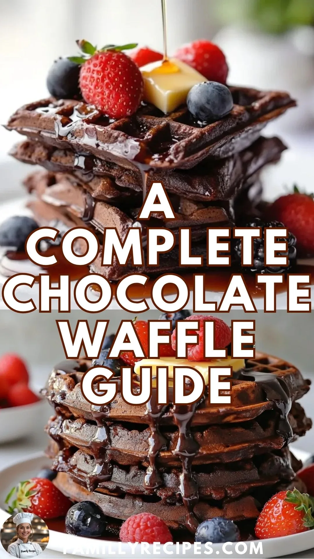 Stack of chocolate waffles topped with whipped cream, cocoa drizzle, and fresh berries on a white plate.