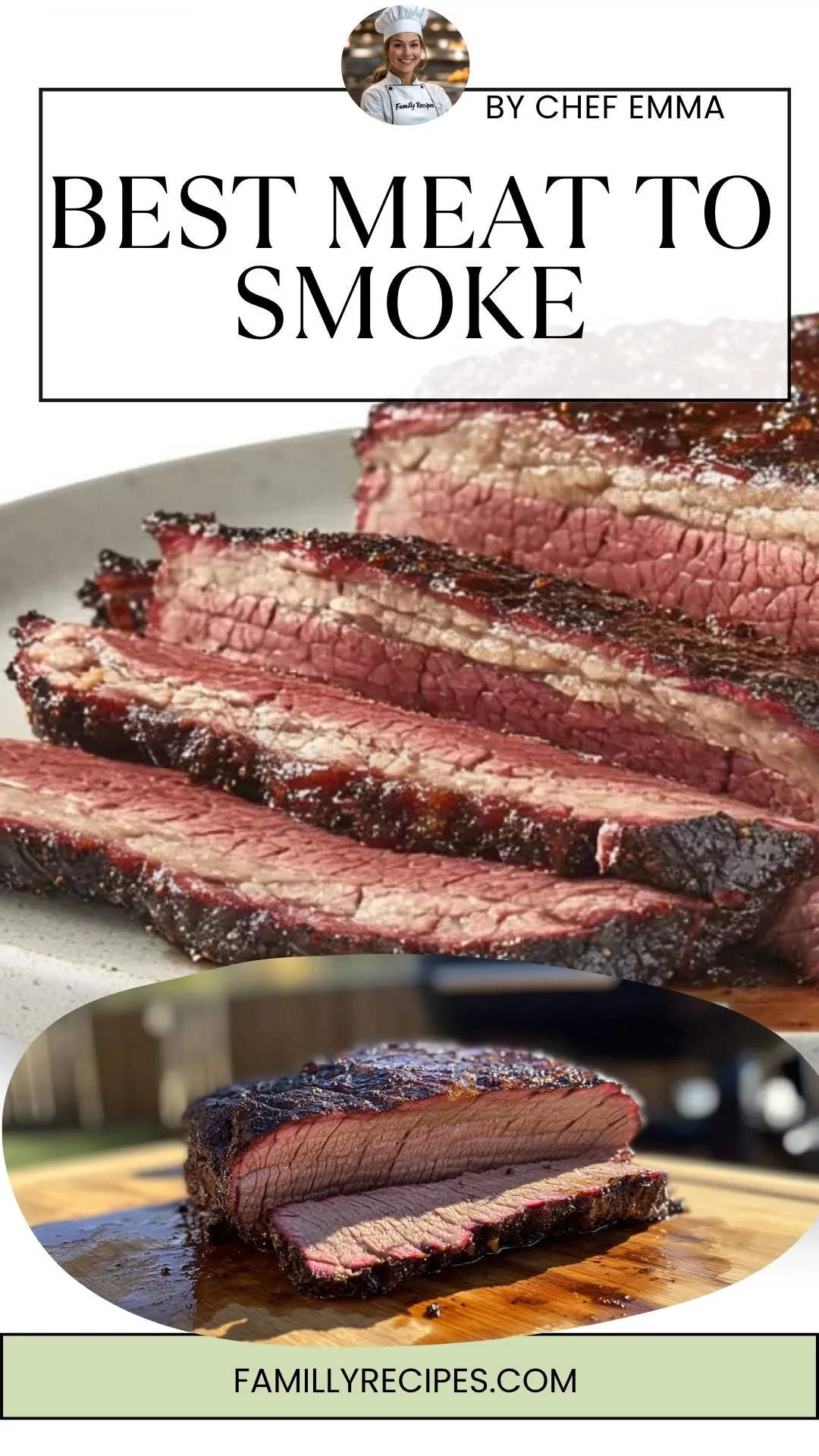 Juicy sliced beef brisket with a deep smoke ring and caramelized bark served on a wooden board beside ribs and smoked chicken thighs.