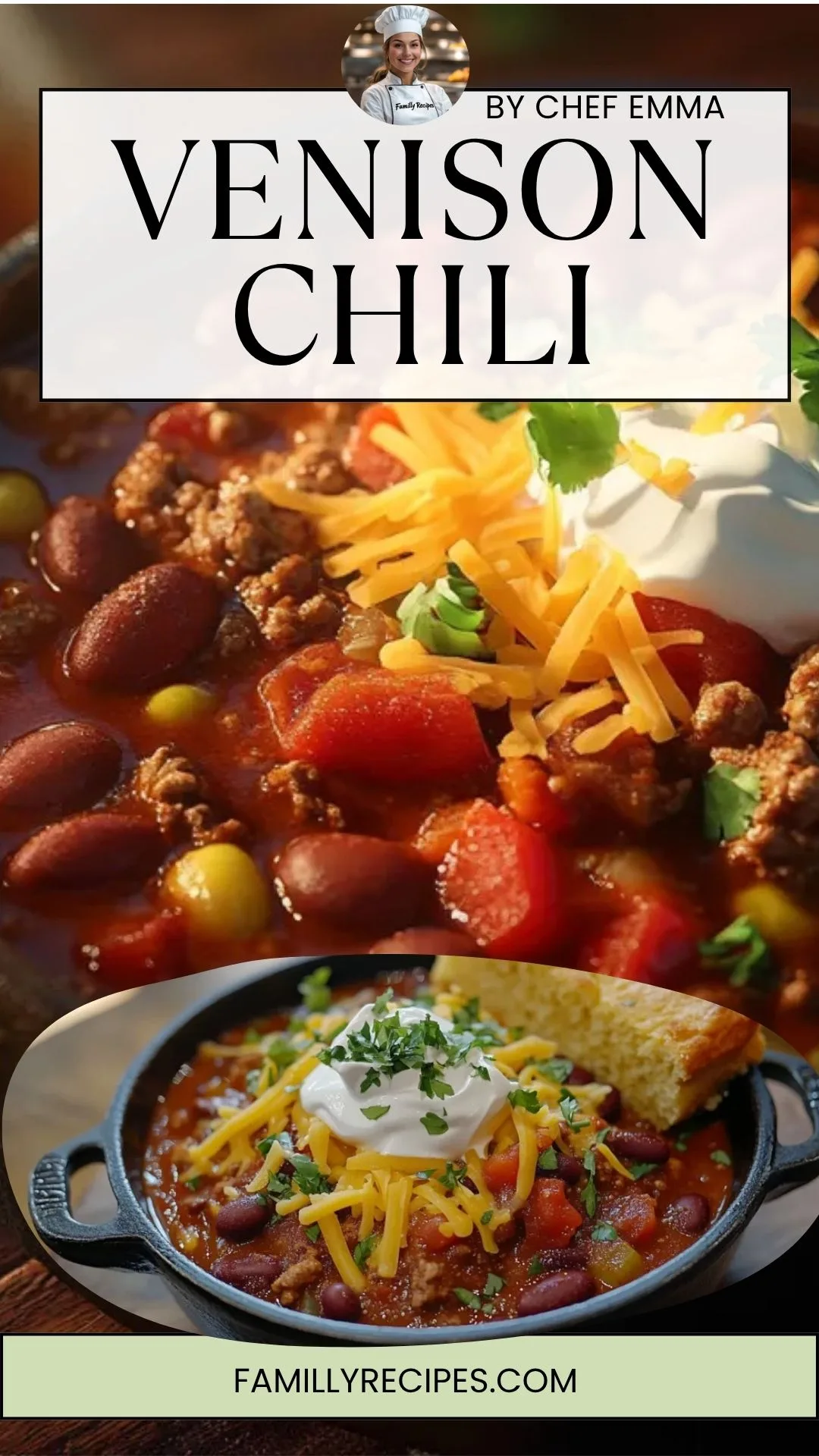 Bowl of venison chili topped with shredded cheddar, sour cream and chopped green onions, served in a rustic wooden setting.