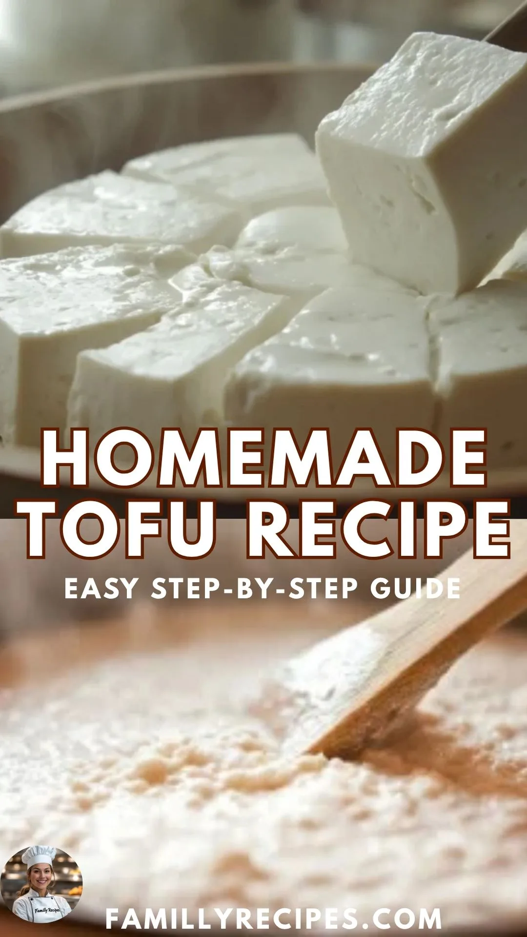 Block of fresh homemade tofu on a wooden board surrounded by soybeans, tofu press, and small bowls of lemon juice and nigari.