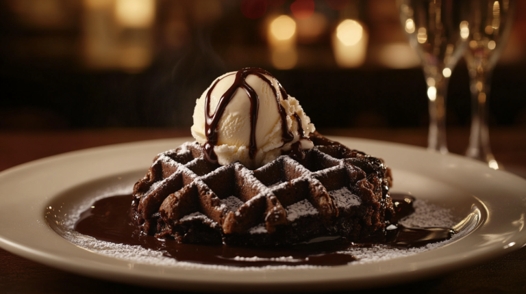 Best Chocolate Waffles Recipe with vanilla ice cream and chocolate drizzle