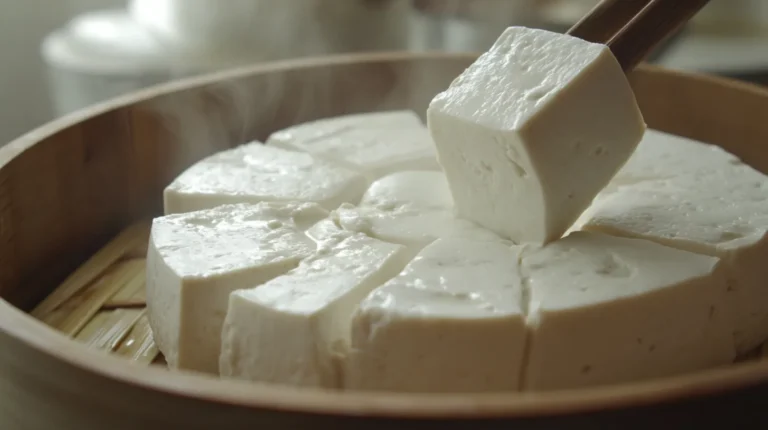 Homemade tofu recipe: Freshly made homemade tofu RECIPE in a wooden mold, resting on a bamboo mat with gentle steam rising.