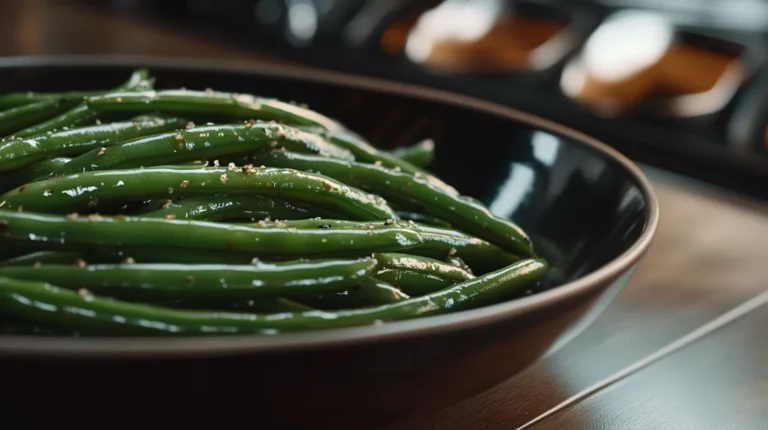 Good Housekeeping Glazed Green Beans Recipe – Sweet and Savory Side Dish with a Shiny Brown Sugar and Sherry Glaze, Served in a Black Bowl.