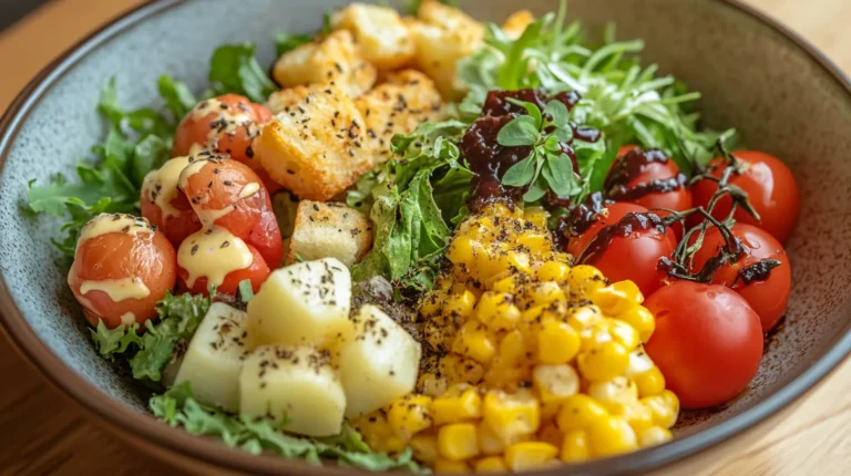Pokémon Sleep Salad Recipes: A colorful Pokémon Sleep-inspired salad featuring cherry tomatoes, soft potatoes, sweet corn, fresh greens, croutons, and a drizzle of sauce in a ceramic bowl.
