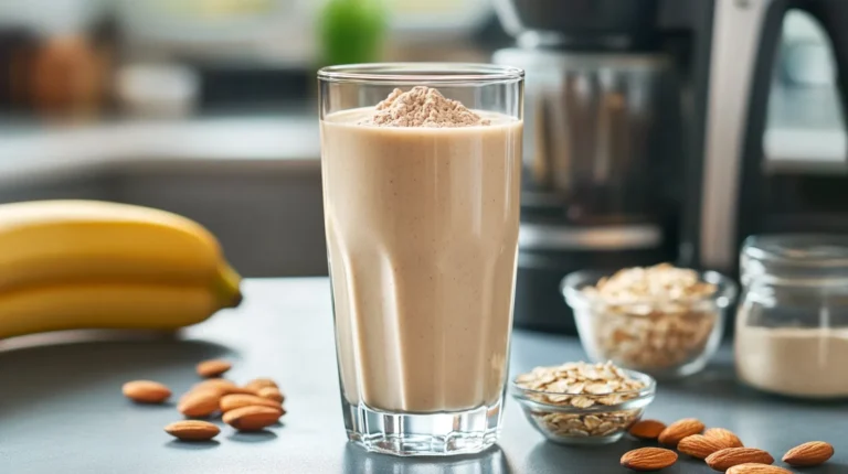 Best Protein Powder Recipes: Delicious protein shake in a tall glass with protein powder on top, placed on a modern kitchen counter. Surrounding the glass are bananas, almonds, oats, and a jar of protein powder, with a blurred blender in the background.