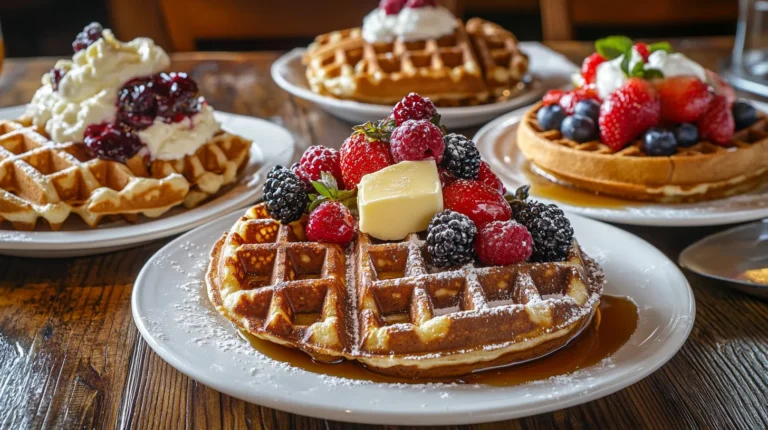 What are the three types of waffles? A delicious assortment of Belgian, American, and Liege waffles, topped with butter, syrup, and fresh berries.