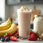 Best thing to mix with protein powder – A creamy protein shake in a tall glass, surrounded by bananas, strawberries, blueberries, milk, and peanut butter in a modern kitchen.