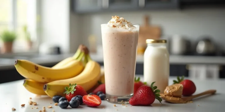 Best thing to mix with protein powder – A creamy protein shake in a tall glass, surrounded by bananas, strawberries, blueberries, milk, and peanut butter in a modern kitchen.