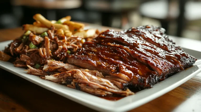 Best food to cook in a smoker - succulent smoked ribs and pulled pork served on a white plate with a rich, caramelized glaze.