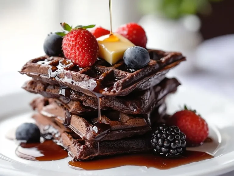 Can I add cocoa powder to waffle mix? A stack of crispy, rich chocolate waffles topped with butter, fresh berries, and drizzled with maple syrup.