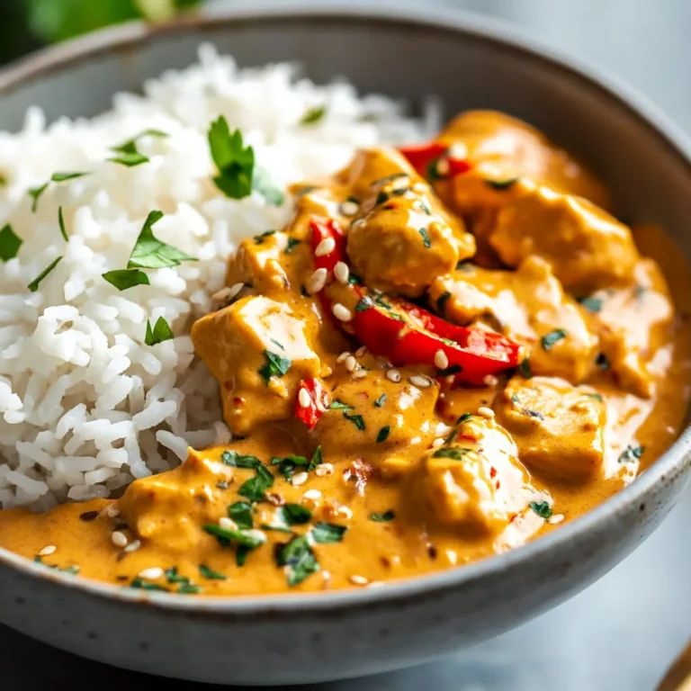 Creamy Peanut Butter Chicken served with jasmine rice and fresh cilantro