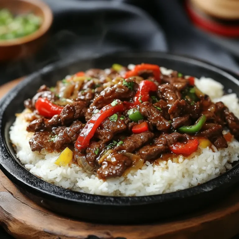 Authentic Pepper Lunch Recipe featuring sizzling beef strips, sautéed red and green bell peppers, and rich umami sauce over fluffy white rice on a hot iron plate.